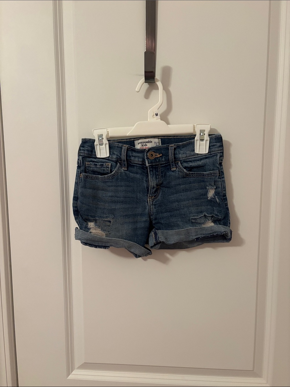 abercrombie kids Dark Blue Distressed Roll-Cuff Jean Shorts